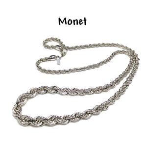 Vintage Monet Rope Chain Necklace – Silver Tone, Rhodium Plated, 27"